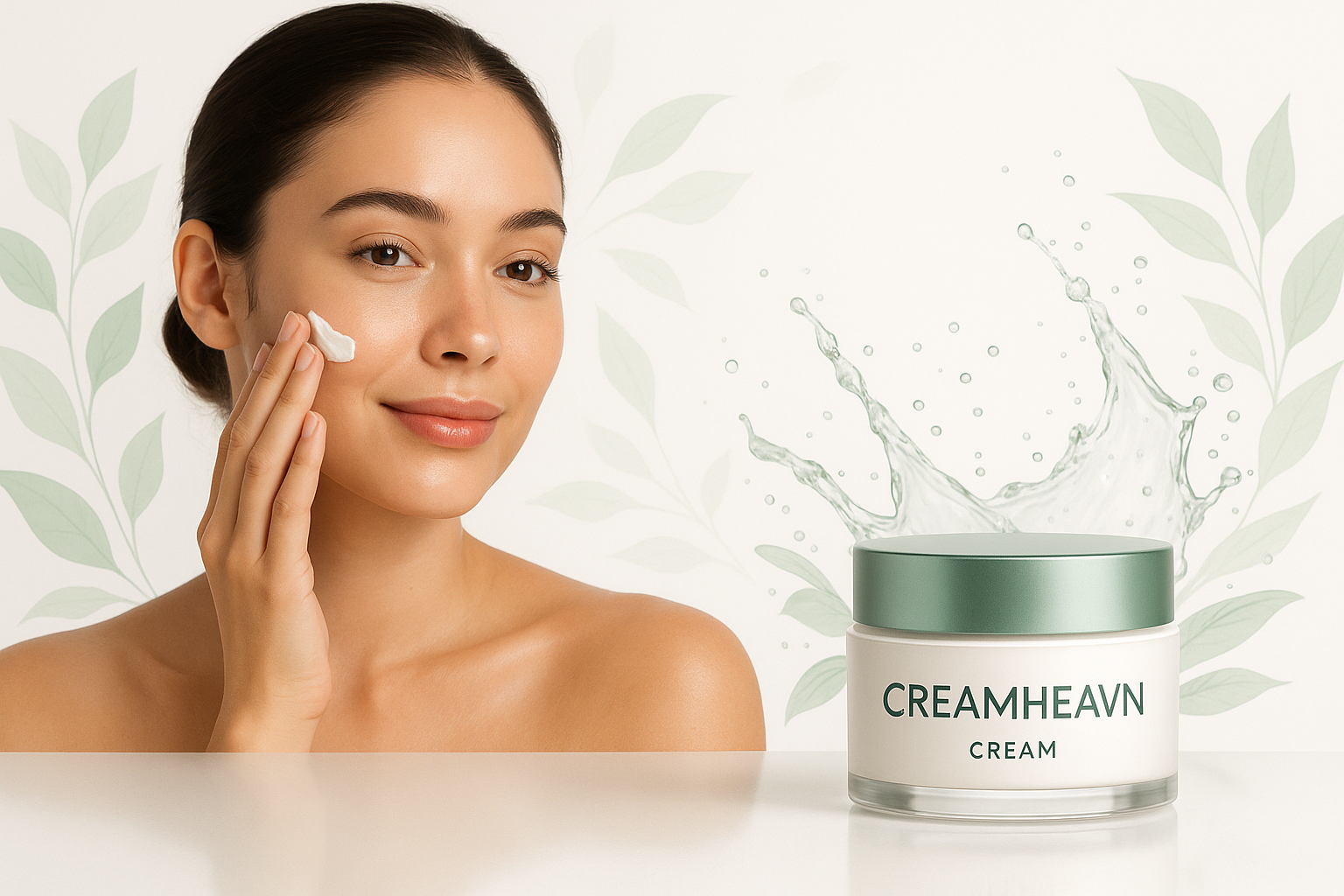 "A modern skincare banner for CreamHeavn. A young woman with fresh natural beauty is applying cream gently on her face. The background is soft white with pastel green leaves and water splash effects to give a fresh herbal vibe. The cream jar is placed in the foreground on a glossy surface, white packaging with green accents. Realistic, professional product photography style, with space for brand logo and text."