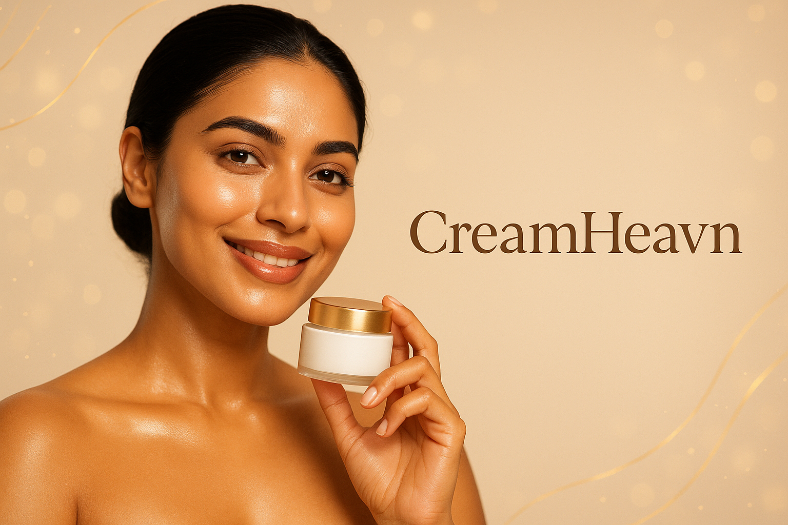 "A premium skincare banner for CreamHeavn. A beautiful South Asian woman with glowing, flawless skin is smiling softly, holding a cream jar in her hand. The background is light beige with golden accents, soft bokeh glow, and elegant text space on the right side. The cream jar should look realistic, minimal white packaging with golden lid, showing luxury skincare branding. High resolution, photorealistic, professional studio lighting, magazine style."